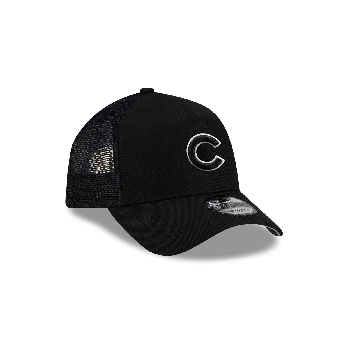 Chicago Cubs Side Script Black 9FORTY A-Frame Trucker Hat