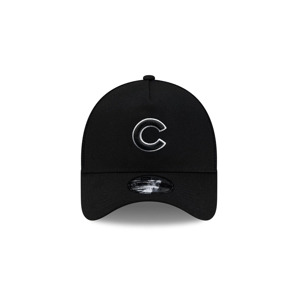 Chicago Cubs Side Script Black 9FORTY A-Frame Trucker Hat